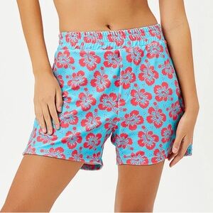 NWT Frankie’s Bikinis Fifi Terry High Waist Shorts Blue Magic Hibiscus Print